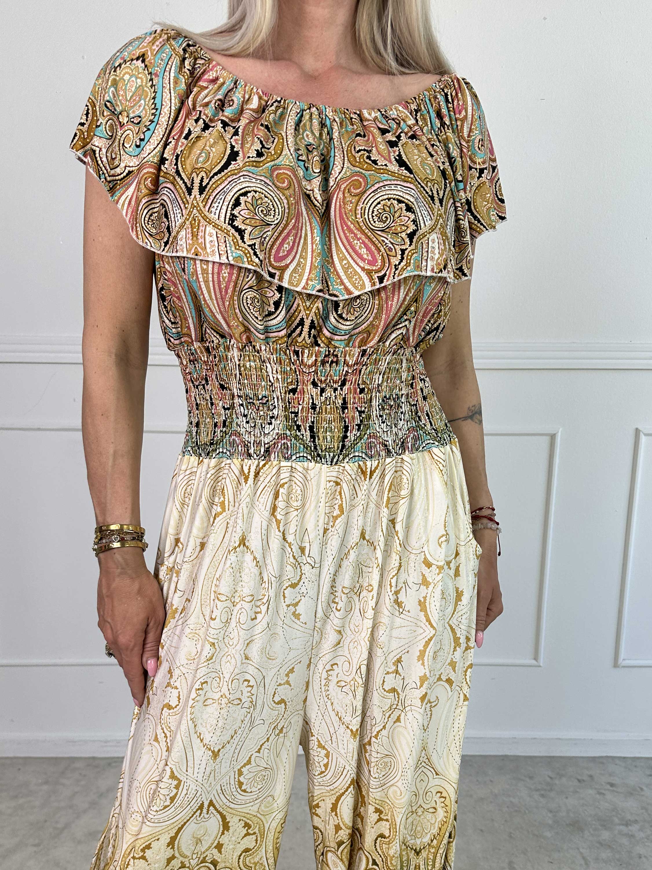 Pams Paisley Frill Jumpsuit - Elastisk buksedragt med smock og flæse